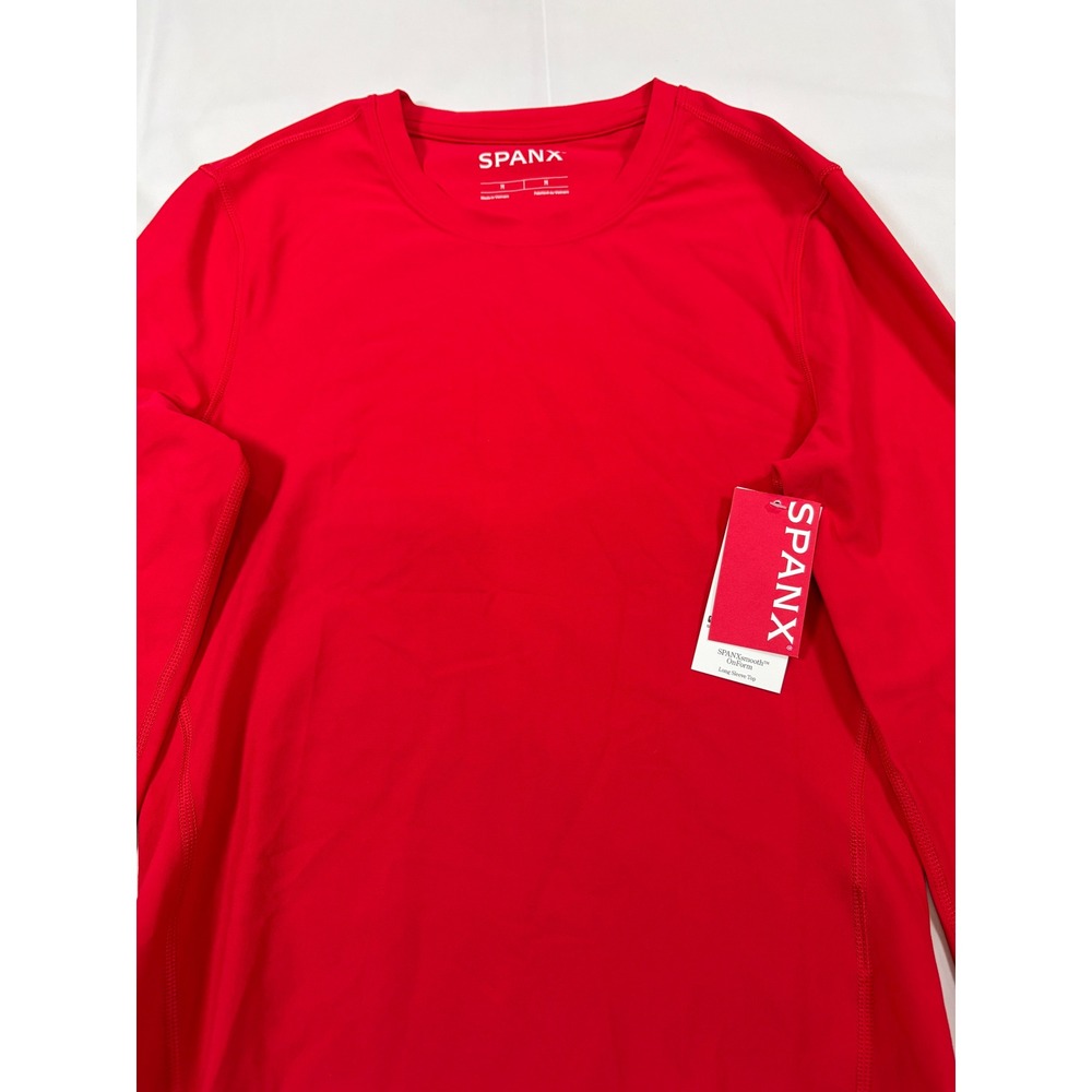 Spanx SPANXsmooth OnForm Long Sleeve Top Red Crew Neck Thumbholes Medium NEW - Picture 3 of 14